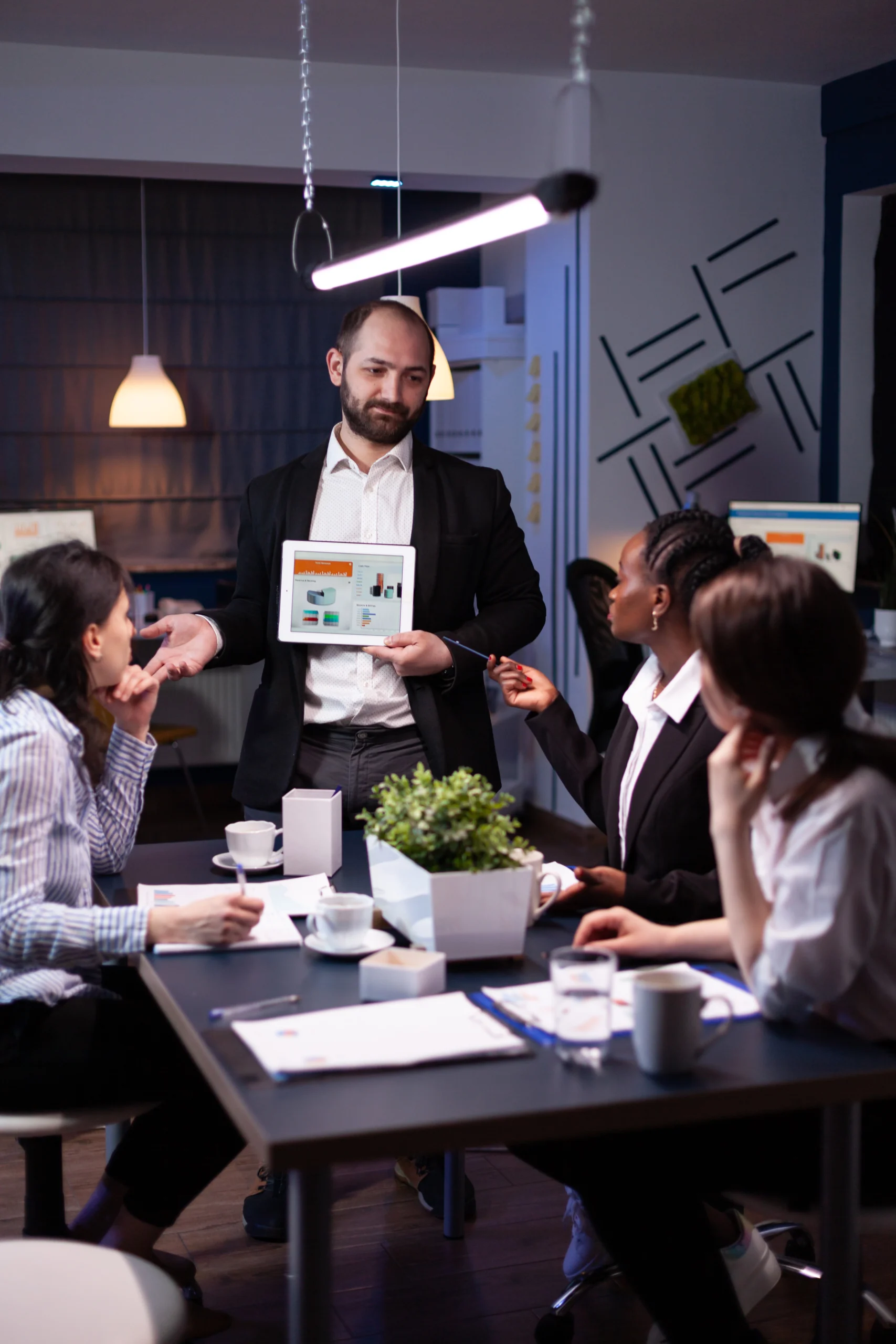 Business entrepreneur presenting company statistics